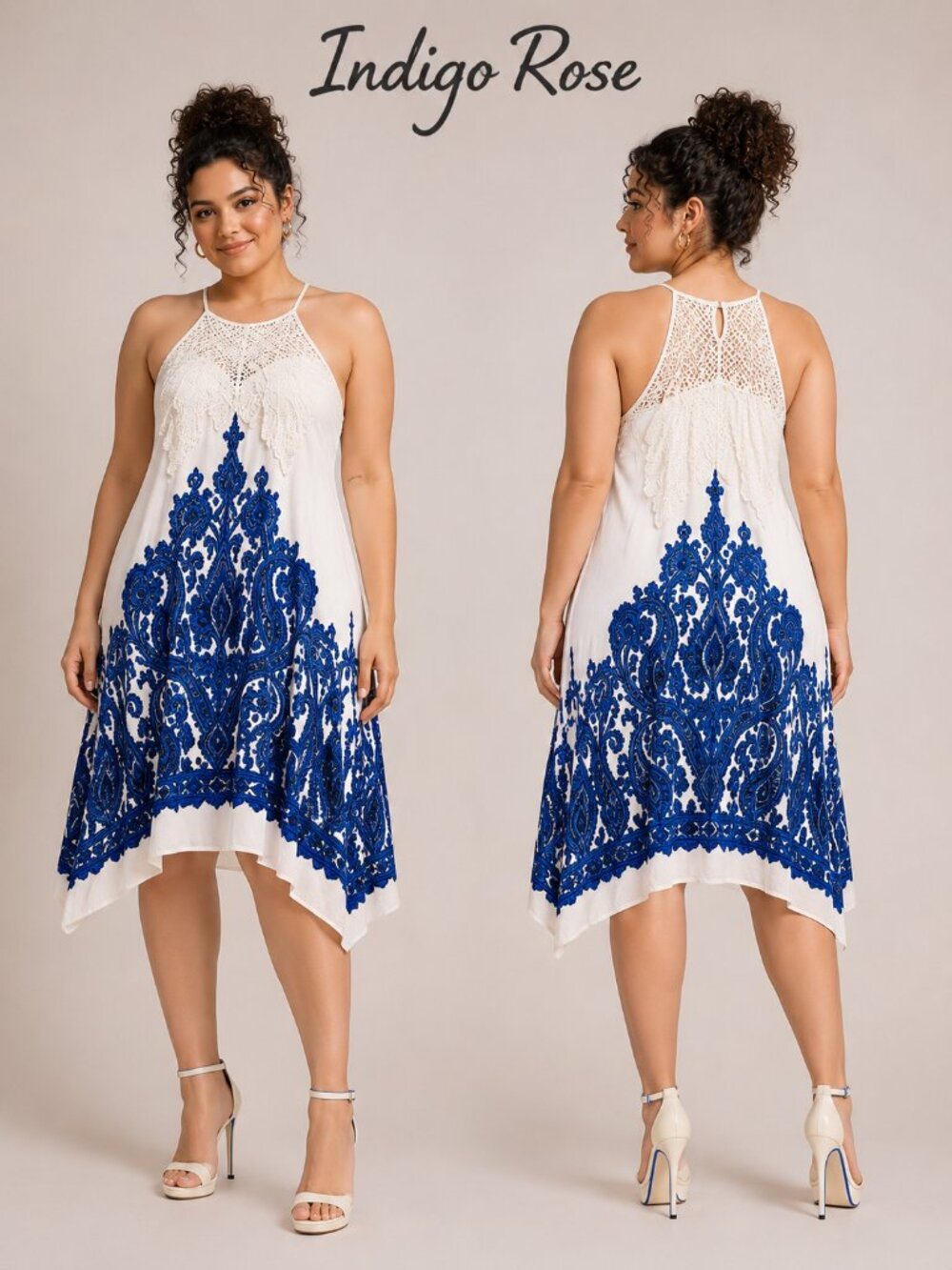 Indigo Rose Womens Small White Blue Paisley Crochet Lace Handkerchief Hem Dress